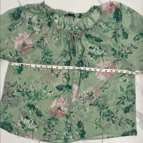 Zara Floral Sheer Blouse in Mint Green & Pink Ruffle Collar with Tie Flowy Fit - Picture 12 of 16